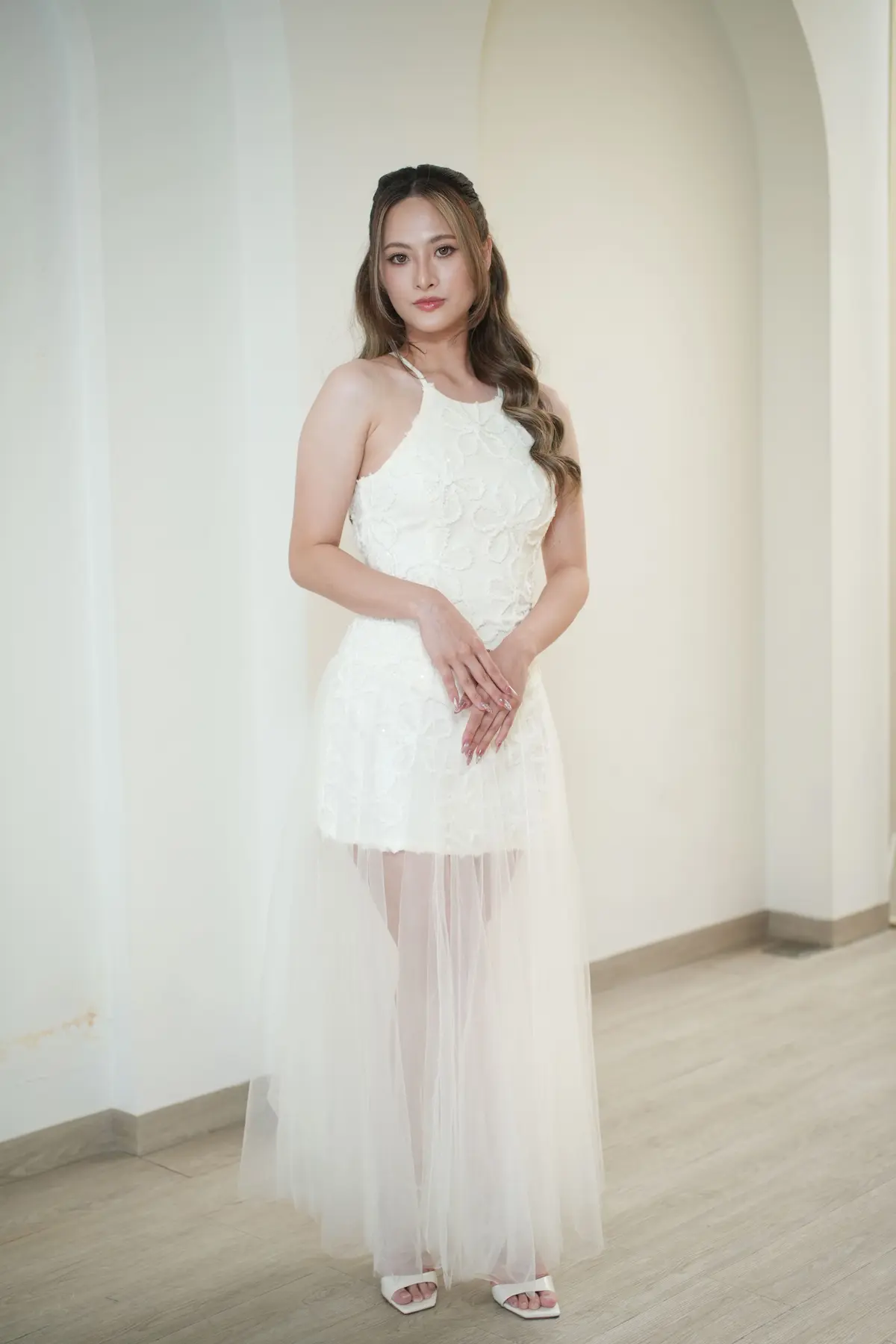 Sewa dress tunangan Tangerang size S - gaun off-shoulder dusty pink tulle pastel soft lamaran